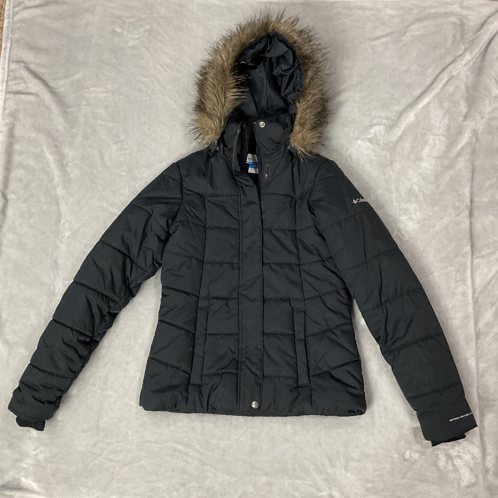 Columbia Omni-Shield Puffer Jacket Black Faux Fur Hood Women Small Coat